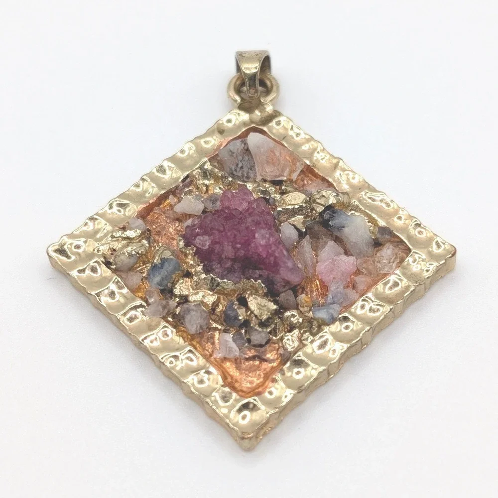 Gold Tone Square Raw Stone Cluster Pendant Magenta Quartz Bohemian Jewelry